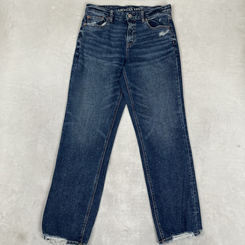 American Eagle Curvy Straight Jeans Womens 10 Long Tall Blue Distressed Denim